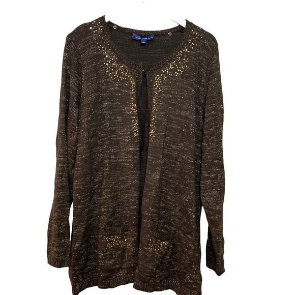 Susan Graver Long Sweater Size Large Womens Cardigan Brown Metallic Knit Duster - Picture 1 of 9